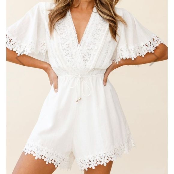 Romper White Boho Cottage Crochet Wide Leg V-Neck Romper - Picture 1 of 10